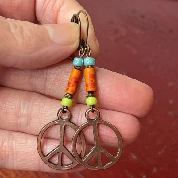 Hand Crafted Artisan Earrings Copper Peace Sign Hippie Boho Colorful # 184 - Picture 5 of 7